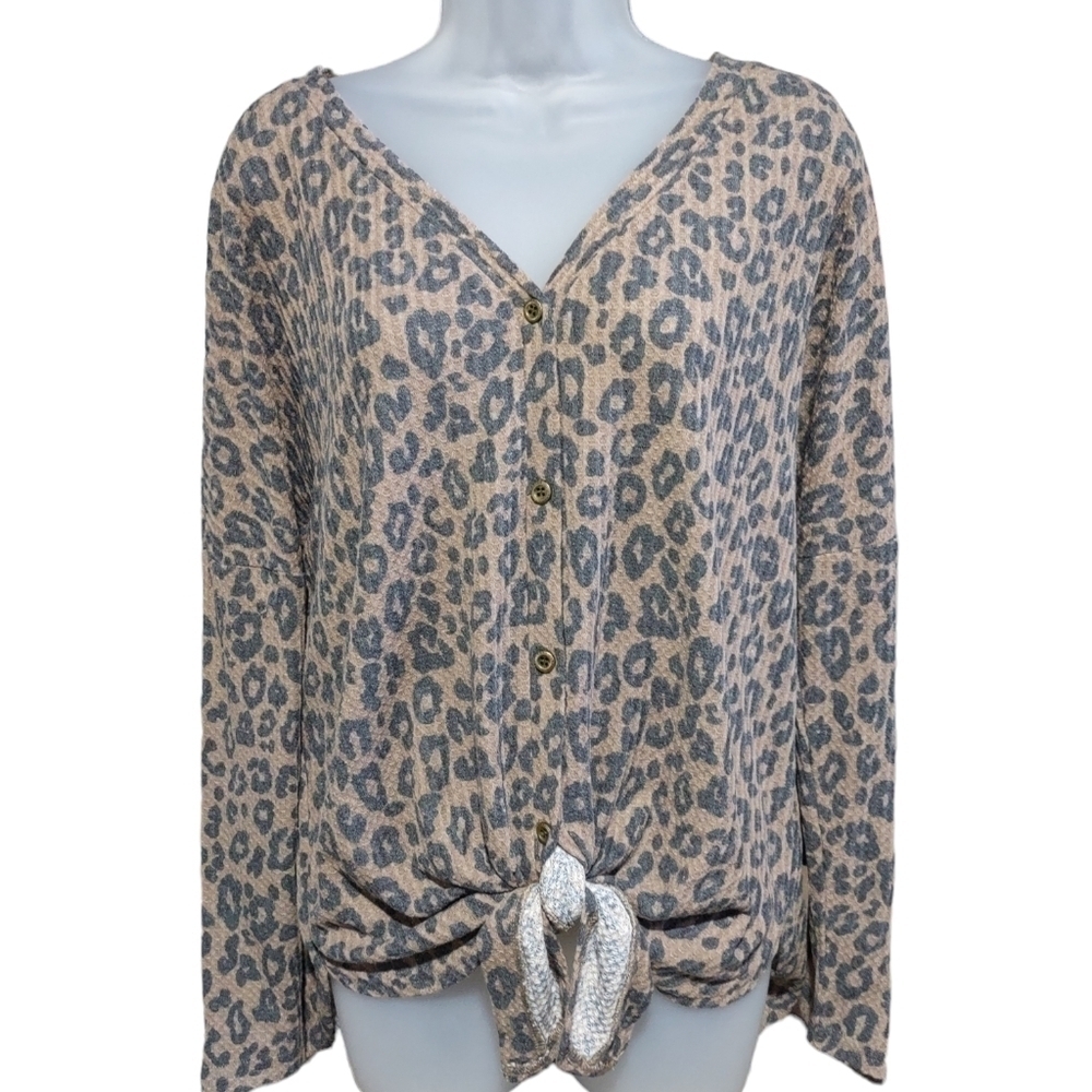 Iwollence Leopard Print Tie Front Knit Thermal Top Medium